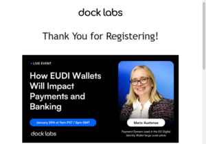Anuncio del evento en directo de Dock Labs «How EUDI Wallets Will Impact Payments and Banking», con Marie Austenaa