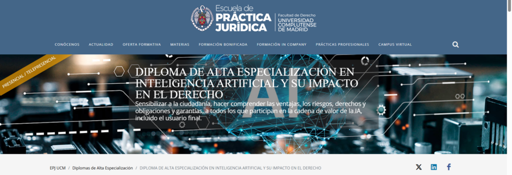 Página del Diploma de Alta Especialización en Inteligencia Artificial y su impacto en el Derecho en la web de la Escuela de Práctica Jurídica de la Universidad Complutense de Madrid